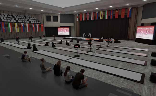 Indoor view of the fencing competition venue